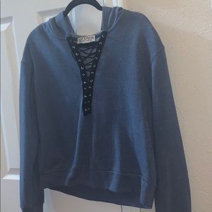 Blue Fleece Lined Hoodie with Lace up Neckline